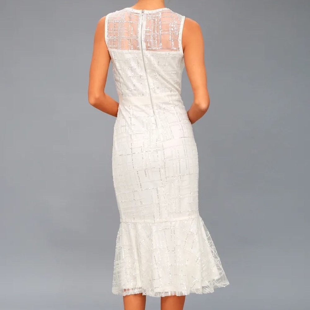 Lulu's “Classy Missy” White Silver Sequin Peplum Midi Shiny Formal Dance Dress - Picture 13 of 14